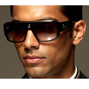 Sunglasses Men's Square Frame Brown Lens Retro Trendy‎ Street Wear Top Gold Bar
